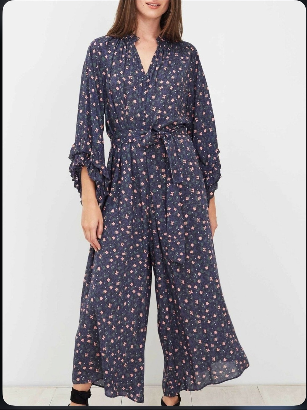Apiece Apart Navy Floral Wide-Leg Jumpsuit with Pink Print